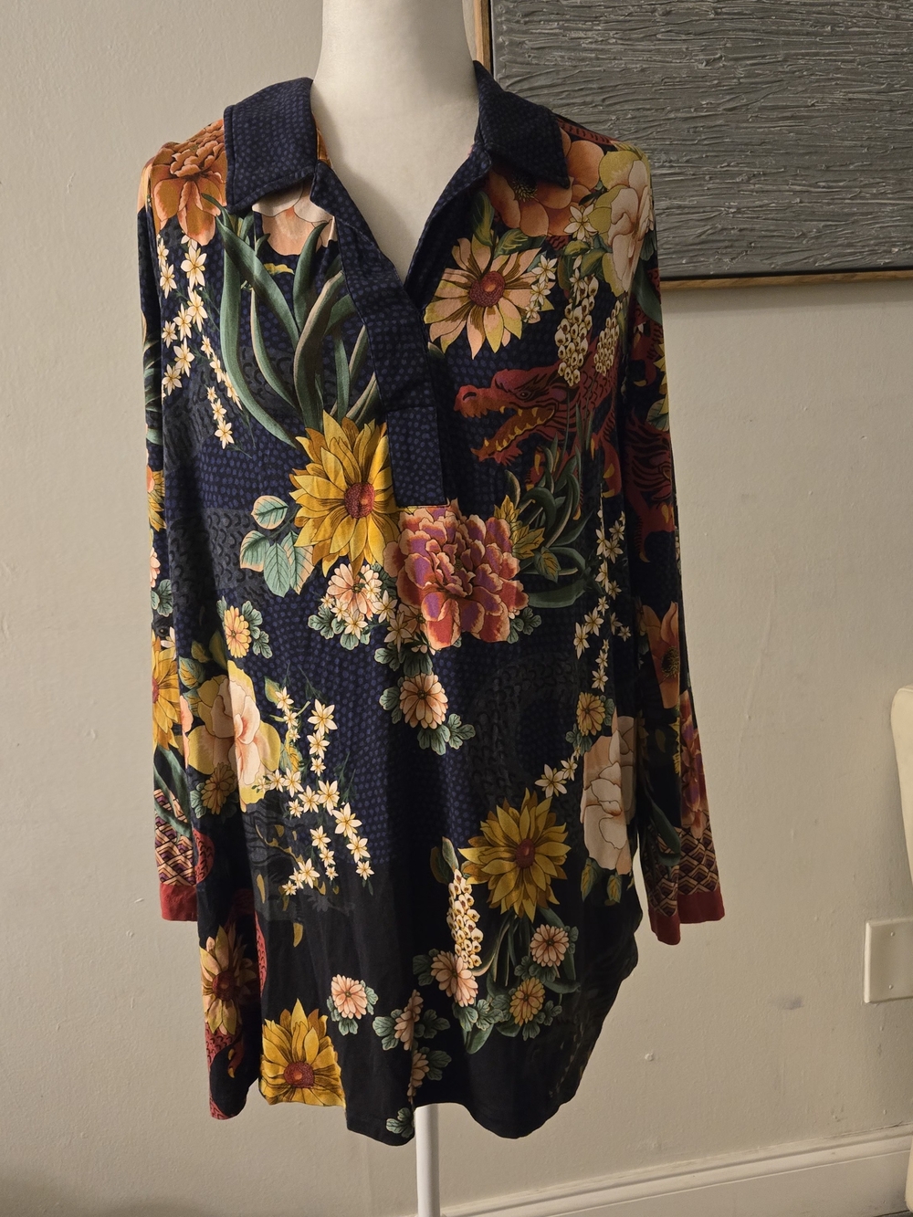 Johnny Was Navy Floral Collared Tunic